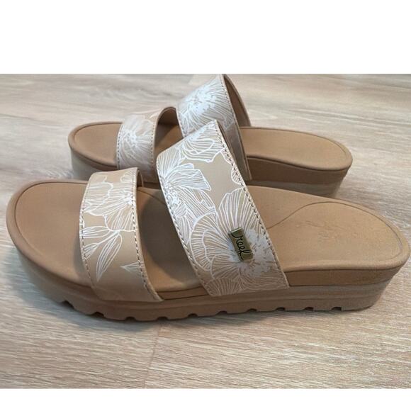 REEF Banded Horizon Hi Platform Slip On Cushion Comfort Slide Sandal, Beige 7 - Picture 3 of 7